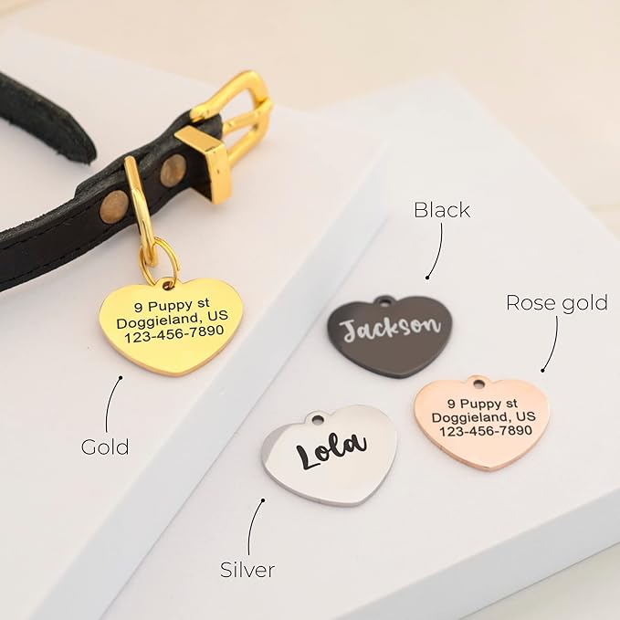 Custom Heart Shape Pet Tag ID, Personalized Stainless Steel Cute Shiny Bling Safety Lost Collar Tag for Boy & Girl Dogs Puppies Cats with Ring Laser Engraved SOS customizable with Name, Phone, Address