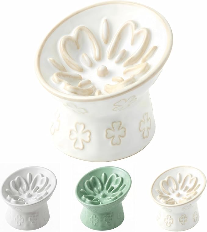 TRUVIC Ceramic Slow Feeder Cat Bowl, Elevated Cat Wet Food Bowl Tilted Design, Raised Slow Feeder Dog Bowl no Black Chin, Four-Leaf Clover Shape for Dry and Wet Food, Jun Blanc