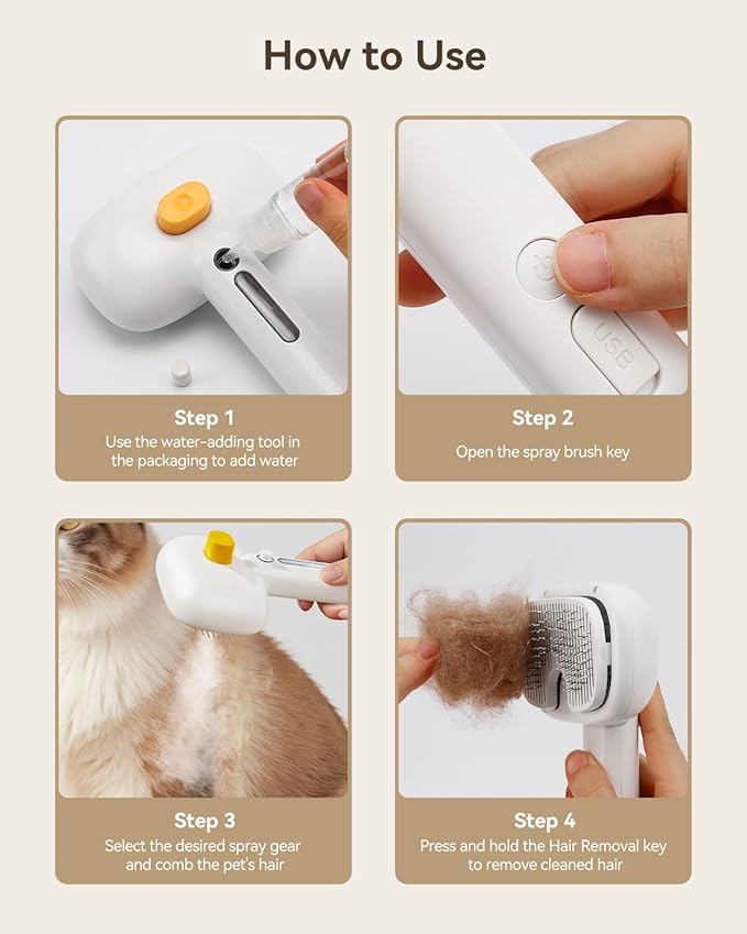 ROJECO 3-in-1 Pet Steam Brush for Cats&Dogs-Pet Spray Hair Removal Detangling Comb with Adjustable Mist,Handheld Deshedding Grooming Tool for Long/Short Hair,Massage Brush & Shedding Control,Cordless