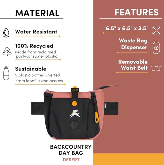 OllyDog Backcountry Day Bag | Hands-Free Dog Training Treat Pouch | Fanny/Hip Pack with Zipper Closure & Built-in Poop Bag Dispenser | Removable Waist Clip (Desert)
