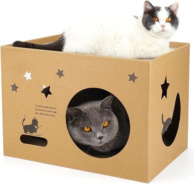 Cardboard Cat House with 2PCS Scratcher Pad 17" L x 12" W x 12" H Large Cat Scratchers Lounge Bed for Indoor Cats Cat Scratching Board & Cat Scratcher Box for Bunny/Cats Animals.