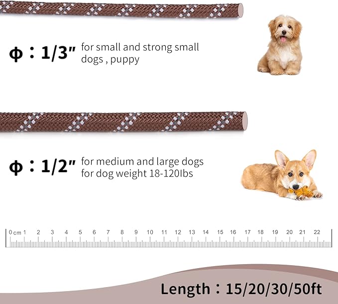 Long Dog Leash for Training 50Ft-Reflective Nylon Rope with Swivel Hook-Recall Agility Lead for Large Small Medium Dogs Outside Walking Hiking-Brown