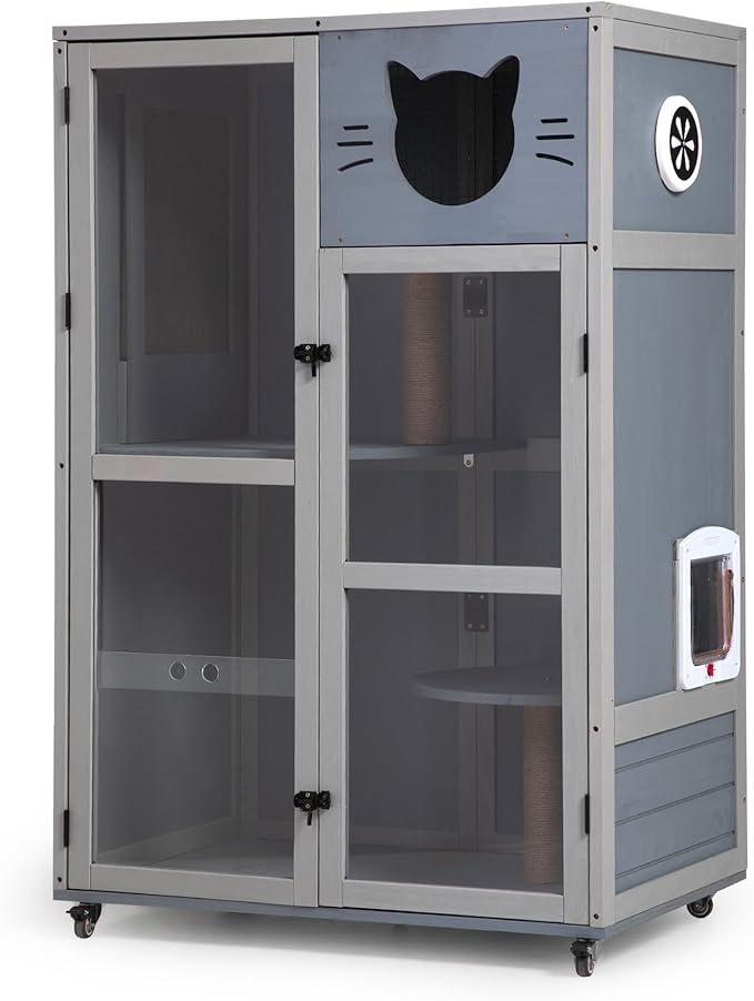 Large Wooden Cat House on Wheels, Indoor Cat Villa with Condo, Multi Platforms, Scratchers, Vent, Litter Box Area, Clear Doors, Cat Cage Enclosure for Kittens & Adult Cats (Gray)