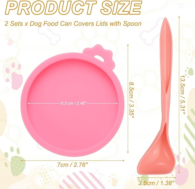 PETAXCELL Cat Food Can Covers Lids, Dog Food Can Lids with Spoons Silicone Toppers Reusable 3 Inch, (Pink, 2Sets), Intended for Dog/Cat/Pet Food