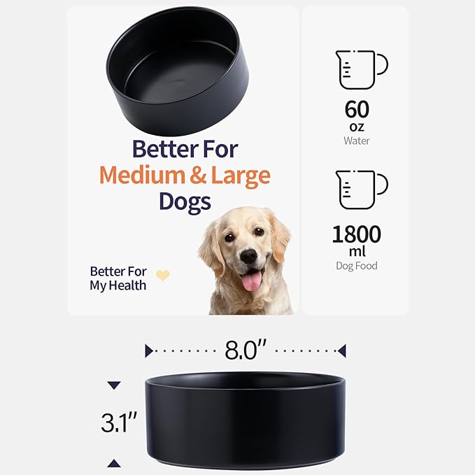 Black Elevated Dog Bowl Ceramic for Medium Large Sized Breed,Raised Dog Food Water Bowl with Stand,8 in 7.6 Cups Non Slip Pet Dish Heavy Weighted
