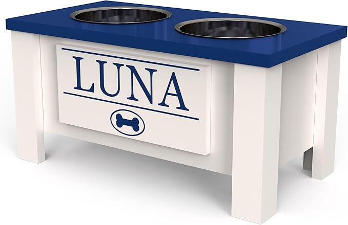 GTW Personalized Elevated Dog Bowl Stand for Large, Medium, Small, X-Small Dogs - Stainless Steel Food and Water Bowls - Raised Dog Dish with Internal Storage (Medium, Blue)