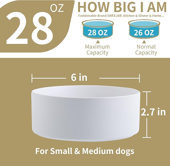 Elevated/Raised Dog Bowl Ceramic with Wood Stand for Small Medium Breed,Dog Food Water Dish Heavy, 6 in Non Slip Modern Cute Porcelain Pet Bowl Grey White