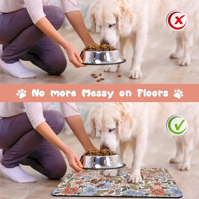 Dog Food Mats for Floors Waterproof, Cat Water Bowl Mats Pet Feeding Absorbent Placemats Flower 24 * 32 inch