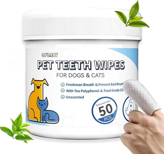 No-Rinse Dog Teeth Cleaning Wipes - Cat & Dog Fresh Breath Pet Dental Finger Wipes, Dog Toothbrush Dental Wipes to Easy Remove Plaque & Tartar, Gently Cleans Discharge (S-50PCS, Unscented)