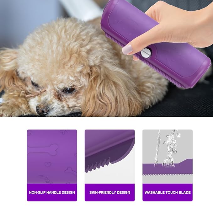 Dog and cat deshedding brush for shedding and short haired pets, pet deshedding tool with stainless steel shedding blade and non slip handle for short and medium coats