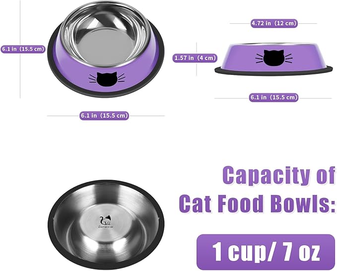 3 Pcs Non-Slip Stainless Steel Small Cat Food Bowls - Unbreakable, Thicken 7 Oz Cat Dishes - Indoor, Removable Rubber Base, Easily Clean, Lovely Color