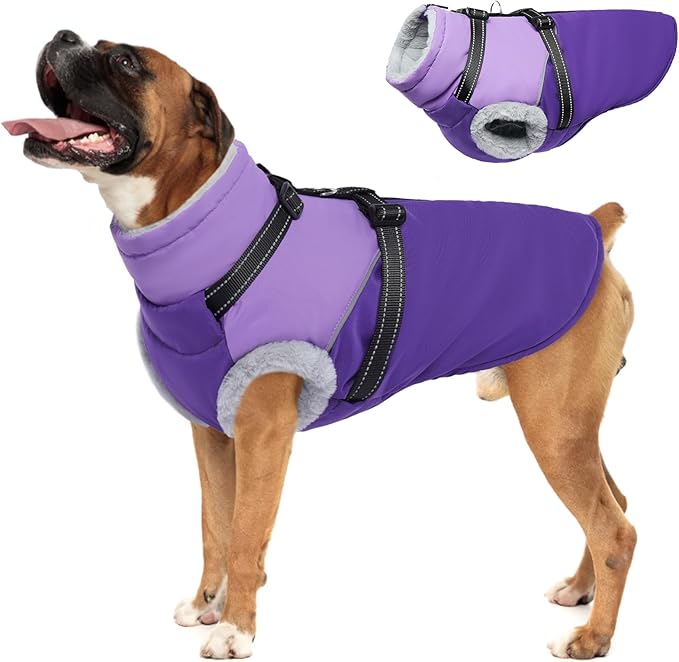 Dog Coat with Harness Built, Dog Winter Jacket with Zipper Closure, Warm Pet Fleece Puffer Coat with Reflective Strips & Furry Collar, Waterproof Snowsuit for Medium Large Dogs - Purple XXXL