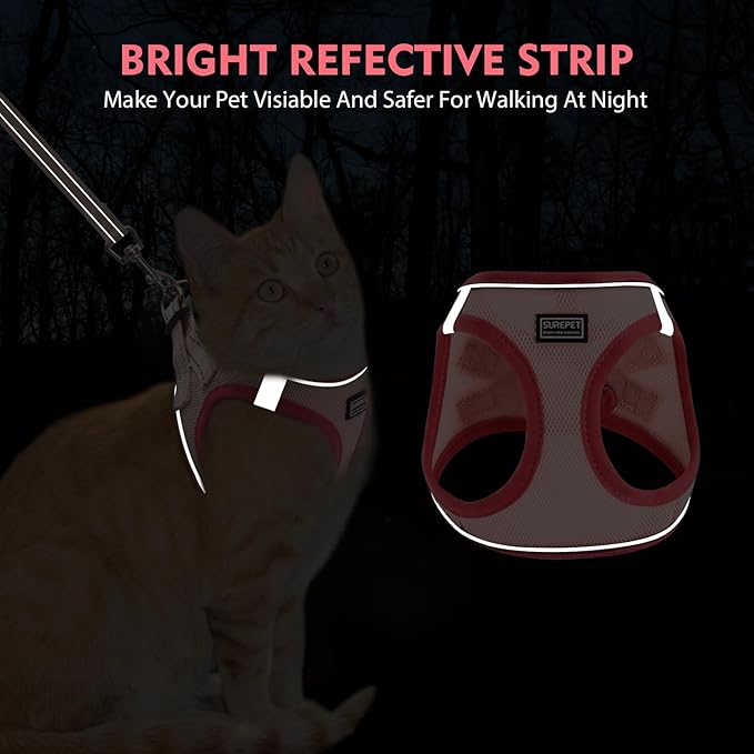 Cat Harness and Leash Set, Soft and Breathable Vest with Reflective Strip, Escape Proof Kitten Harness, Easy to Wear for Cats Walking and Traveling (Red, M)