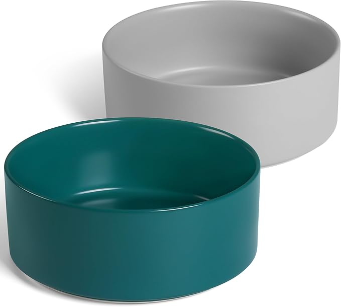 Kitwinney Large Dog Bowls, Non Slip Heavy Ceramic Dog Food and Water Bowl with White Silicone Base, 2 Pack Pet Feeding Bowls for Medium Big and Giant Dogs (Grey+Green, 8 Inches)
