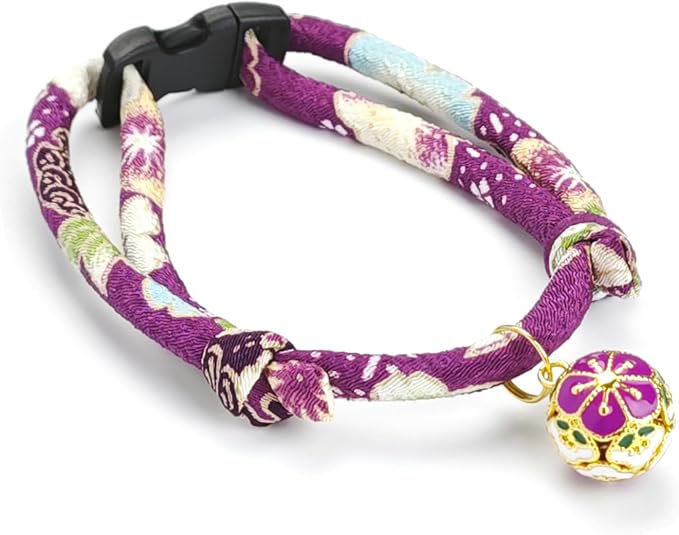 Breakaway Cat Collar. Japanese Plum Blossom Bell & Chic Kimono Design, Soft Adjustable Kitten Collar for Boys & Girls