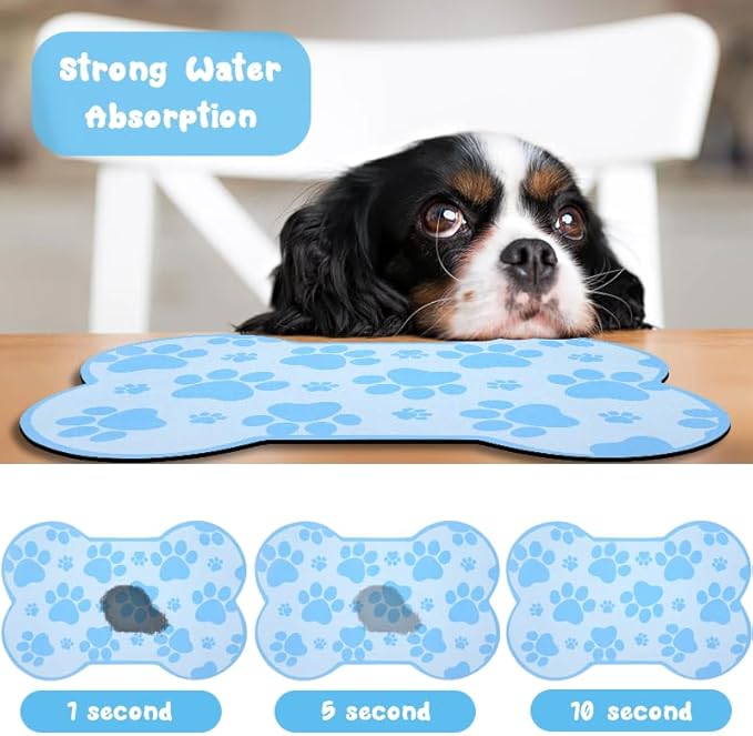 Dog Food Mats for Floors Waterproof, Pet Feeding Absorbent Water Bowl Mat Cat Placemats Blue Bone Shape 19 * 12 inch