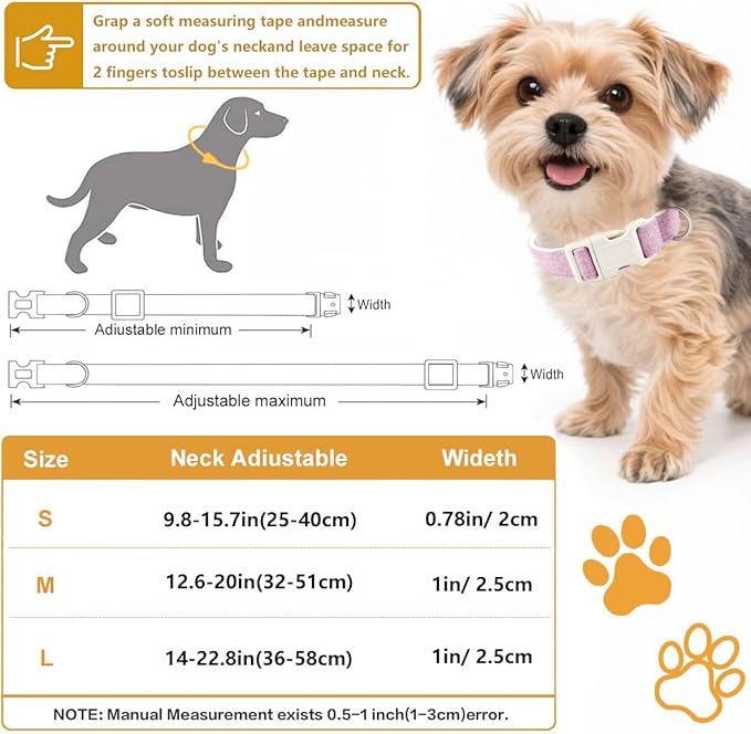 Cotton Hemp Dog Collar Adjustable, Purple Dog Collar Soft Natural Fabric with Quick Release, Cute Wedding Puppy Necklace for Small Medium Large Dog, Purple-S