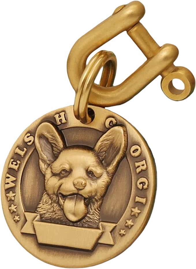 Vintage Pure Copper Pet ID Tags,Personalized Dog Tags,Three-Dimensional Relief Pet Pattern,Lettering on The Front and Back,Custom Pet Tags (B11-Welsh Corgi)