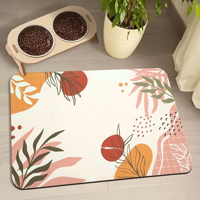 Dog Food Mats for Floors Waterproof, Pet Water Bowl Mats Pet Feeding Absorbent Placemats Bohemia Tropical Leaves 24 * 32 inch