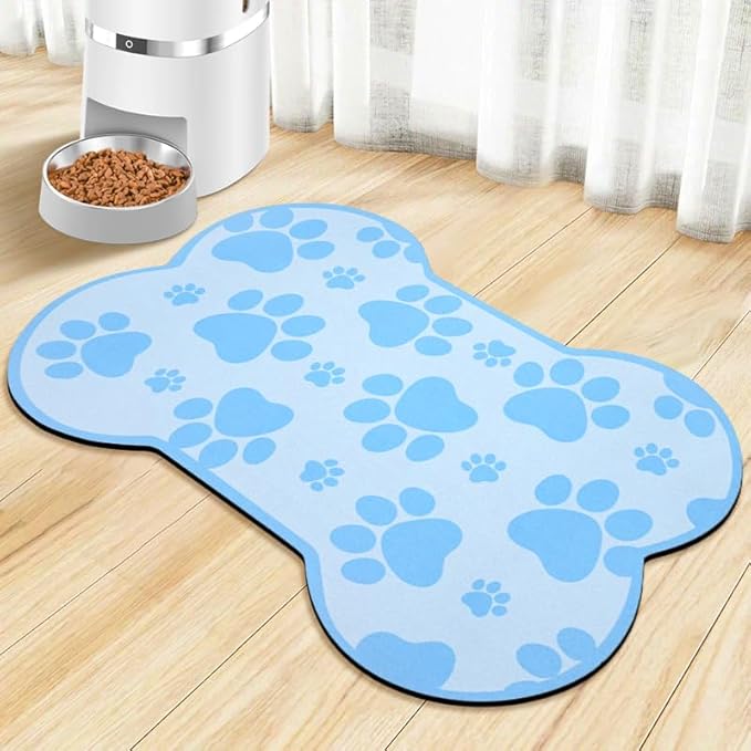 Dog Food Mats for Floors Waterproof, Pet Feeding Absorbent Water Bowl Mat Cat Placemats Blue Bone Shape 19 * 12 inch