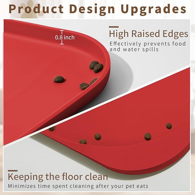 Silicone Pet Food Mat with Raised Edge for Food and Water Bowl, Dog Feeding Mats, Cat Food Trays for Floor Waterproof, Rubber Tray for Dogs and Cats, 24 x 16 x 0.8 Red