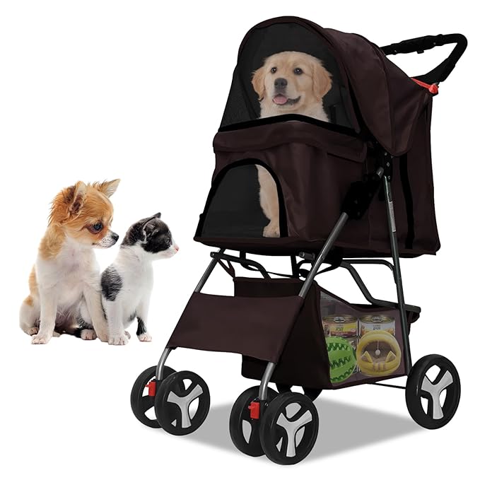 Pet Stroller 4 Wheels Dog Cat Stroller for Medium Small Dogs Cats, Folding Cat Jogger Stroller with Storage Basket & Breathable Mesh, Easy to Walk Travel Carrier