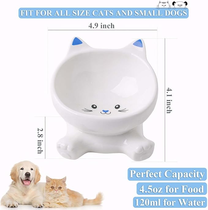 Cat Bowl, Elevated Cat Bowls, 4.9 Inch Cute Kitten Food Bowls for Anti-Vomiting and Whisker Friendly, 3D Raised Ceramic Cats Bowl for Food and Water with 4.5 OZ Capacity, Protects Pet's Spine, 1 Piece