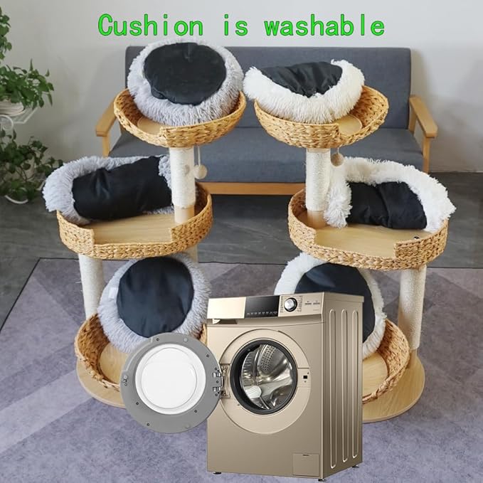 Cat Tree 39 Inches Cat Tower with Sisal Covered Scratching Real Wood Post, Handwoven PE Rattan 3 Baskets perches with Cozy Cushion, Cat Climbing, Cat Scratching Post (Light Gray Cushion)