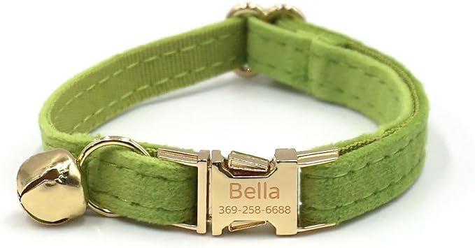 Colorful Velvet Custom Cat Collar, Personalized Cat Collar with Name, Engraved Collar for Small Large Cat Kitten with Bell (Matcha Green,L)