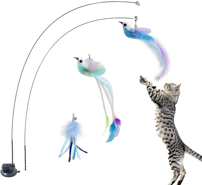 ZUKOMORE Cat Toy Wand Auto Interactive Toys 4 pcck Hands-Free Natural Bird Feather Cat Toys for Indoor Cat 6 in 1 Hands-Free Natural Bird Feather Toys