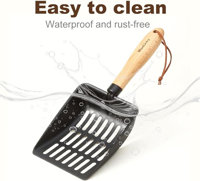 Premium Cat Litter Scoop with Ergonomic Beech Wood Handle, 4.88'' Wide-Deep Stainless Steel Sifter, Easy to Clean, Durable & Odor-Free（Short Handle）