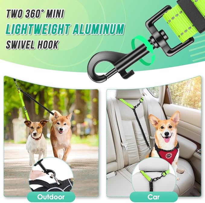 Two Dog Lead, 2 in 1 Upgraded Double Dog Leash Attachment Combine Adjustable Strap and Shock Absorbing Bungee No Tangle Dual Training Splitter for Different Size Dogs