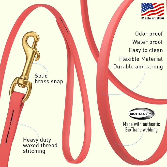 Viper K9 Biothane Working Dog Leash Waterproof Lead for Tracking Training Schutzhund Dog Sport & Search - Odor-Proof Long Line with Solid Brass Snap for Puppy Medium and Large 1/2" x 20ft Coral