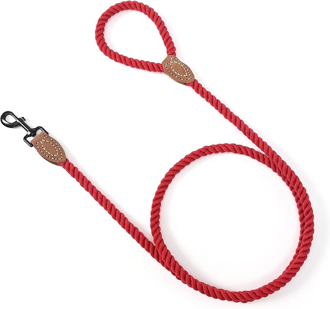 Mile High Life Braided Cotton Rope Dog Leash with Leather Tip - 6 Feet with Heavy Duty Metal Clasp - Wedding Dog Leash (Red, 72 Inches)