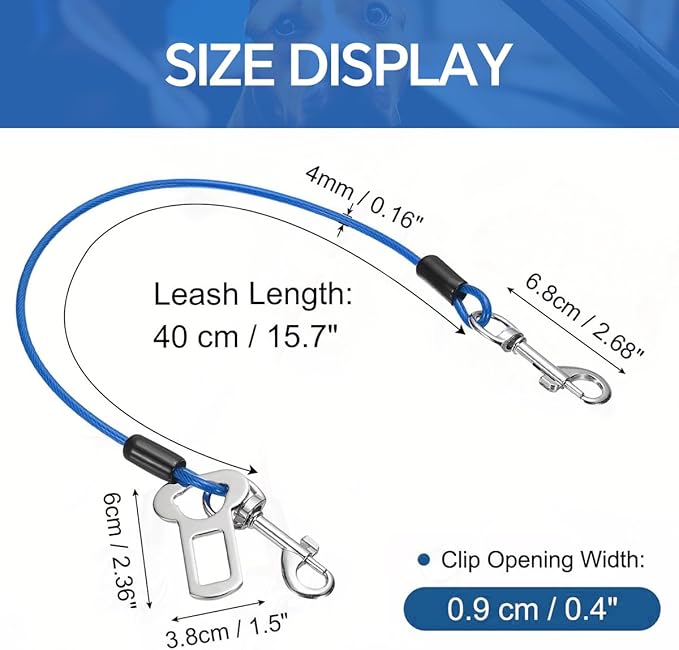 2 Pcs Car Seat Belt Harness for Dog, Dog Seatbelt Clips of Coated Wire Leash Safety Restraint, Metal No Chew Tether Cable Vehicle Dogs Accessories,Double Clips & Buckle Latch (Blue)