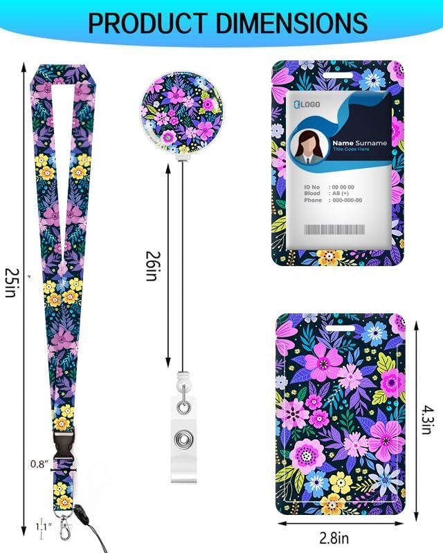 ID Badge Holder with Retractable and Detachable Lanyard, Cute Badge Reel Breakaway Lanyard with Carabiner Clip for Women, Teachers, Nurses, Students, Perfect Work and Office(Flower Purple)