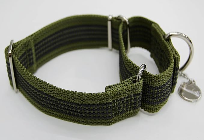 1.5" Martingale Dog Collar, Escape-Proof & Anti-Slip, Extra Strong Reflective Nylon, Adjustable Two-Color Stripe for Medium to Large Dogs (L-Military Green)