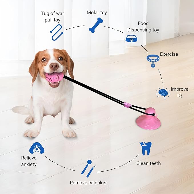 Tailwag Dog Toys Treat Food Dispensing Ball with Suction Cup, Tug of War for Dogs, Interactive Ball for Boredom, Mental Stimulation for Dog Games to Keep Them Busy (Pink)