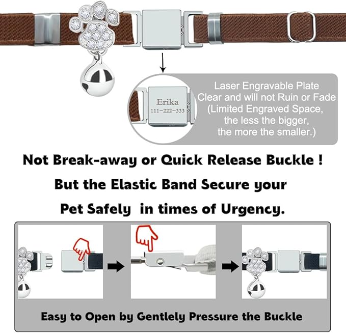 Personalized Safety Elastic Cat Collars with Bell,Laser Customized Stretch Kitten Collars for Girls Boys Cats-Chocolate