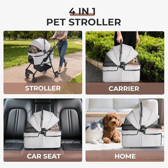 4-Wheel Foldable Pet Stroller for Small Dogs & Cats 360° Rotating Wheels, Separable Carrier & Travel Bag Safety Brake & Suspension System