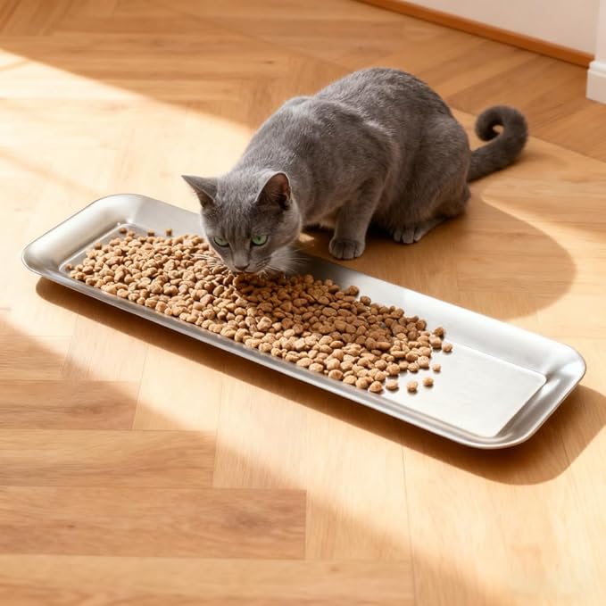 Cat Food Bowl,2 PCS 304 Stainless Steel Wide Rectangular Shallow Kitten Bowls for Small Medium Sized Cats Dogs
