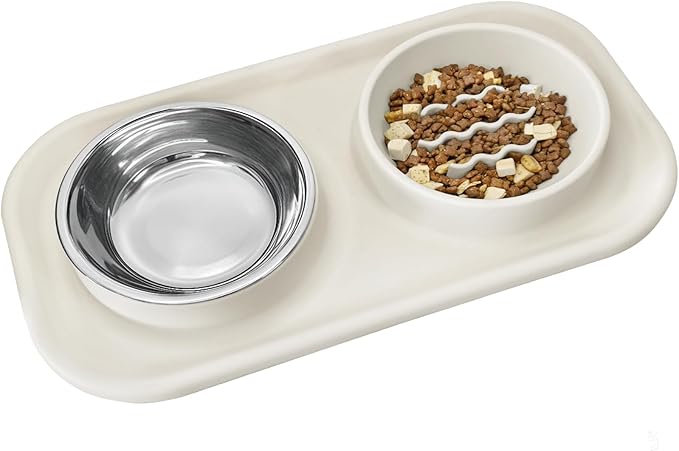 Gentledog Waterproof Silicone Cat Food Bowls, Stainless Steel & Silicone Slow Feeder Double Bowls, Non-Skid & Non-Spill Raised Edge, Food and Water Feeder for Cat and Puppy