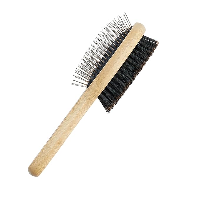Double-Sided Pet Grooming Brush - Boar Bristle and Pin Brush for Long/Short Hair Dogs and Cats, Bamboo Handle, 1 Pack
