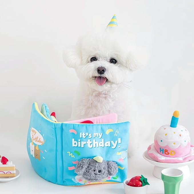 Cute Dog Birthday Toy Squeaky Snuffle Mat for Small Medium Dogs Interactive Plush Book Treat Puzzle for Puppy Crinkle Gifts (Yellow)