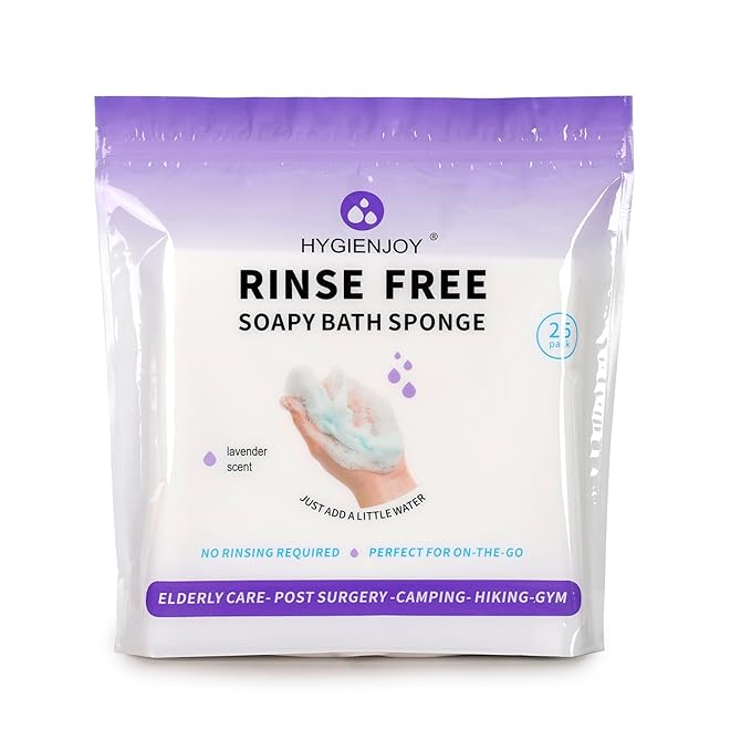 HYGIENJOY-21% Larger Rinse Free Bath Sponges for Adults-Disposable No Rinse Bathing Wipes-Soap Infused,Dry Shower Wipes for Elderly,Camping,Post Surgery Must Haves,(Lavender 25 Counts）