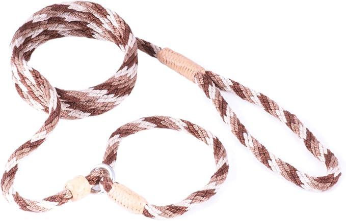 Alvalley Nylon Dog Training Leash with Stopper - Adjustable Nylon Rope Comes with Braided Leather at Ends - Tagua Bead Stopper Slip Lead - Suitable for Walking, and Training