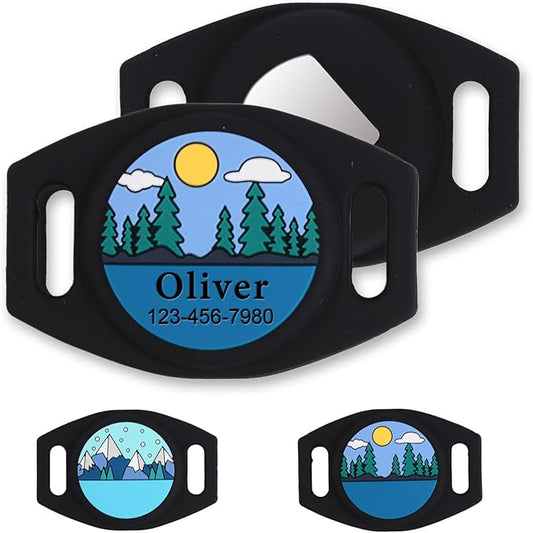 Personalized Engraved Compatible with Airtag Pet Collar Holder,Slide On Compatible with Airtag Case,Adjustable Dog Collar Pet ID Tag,Custom Name Phone for S, M, Large Dogs and Cats (Small Forest)