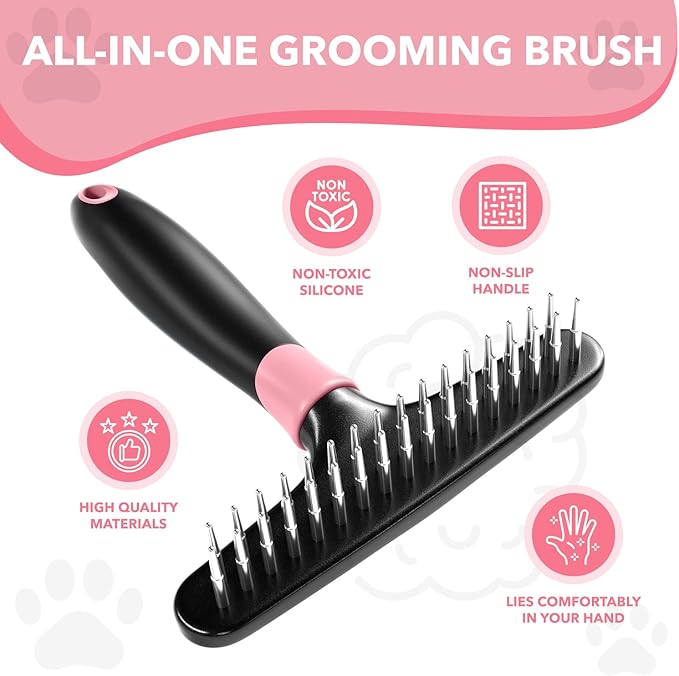Dog rake deshedding dematting Brush Comb - Undercoat rake for Dogs, Cats, matted, Short,Long Hair Coats - Brush for Shedding, Double Row Stainless Steel pins - Reduce Shedding by 90% (Pink)