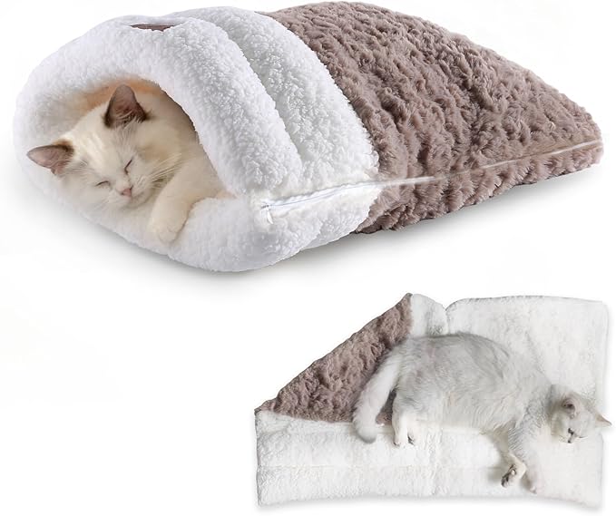 Cat Sleeping Bag 5 in 1 with Zipper Cute Self Warming Cat Bed Cave with Plush Portable Snuggle Sack/Hideway for Indoor Cats & Small Pets Coffee 21×17 Inch