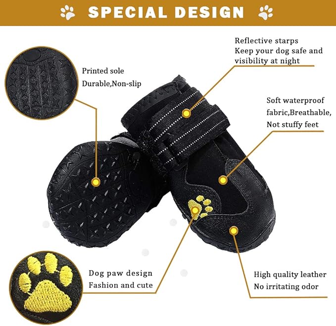 PK.ZTopia Waterproof Dog Boots, Dog Outdoor Shoes for Medium to Large Dogs with Two Reflective Fastening Straps and Rugged Anti-Slip Sole (Black 4PCS).